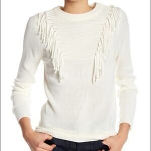 Blush Noir Cream Pullover Crew Neck Long Sleeve Fringe Knit Sweater Ivory Medium